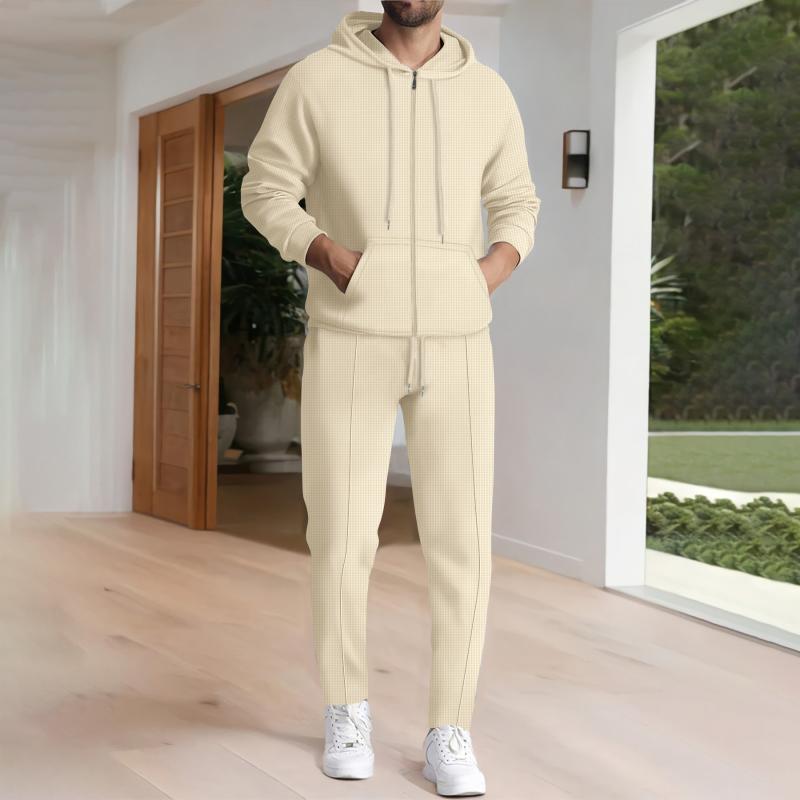 ジャージ メンズ ワッフル生地 綿混 ポリエステル フード付き ジップアップ 長袖 ジャケット ロングパンツ セットアップ 普段使い 部屋着 ルームウェア カジュアル スポーツウェア 秋冬 ブラック ホワイト グレー ブルー カーキ