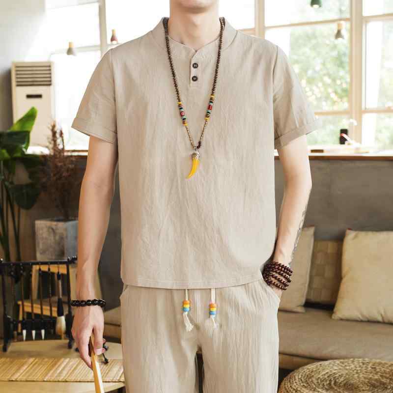 メンズ カジュアル セットアップ 半袖Tシャツ 九分丈パンツ 綿麻 無地 上下セット 春夏 普段使い 部屋着 リラックスウェア ゆったり ストリート きれいめカジュアル