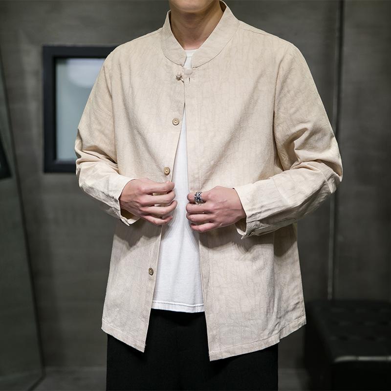 シャツ メンズ 男性用 麻 綿麻 長袖 スタンドカラー 立ち襟 ジャカード レトロ クラシック カジュアル トップス 普段使い 春夏 オフホワイト ブラック ワインレッド