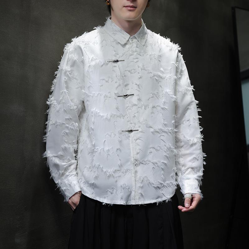 シャツ メンズ 春夏 長袖 中華風 漢服風 接触冷感 新中華スタイル タンガースーツ 立ち襟 ゆったり ビッグシルエット 通気性 カジュアル トップス