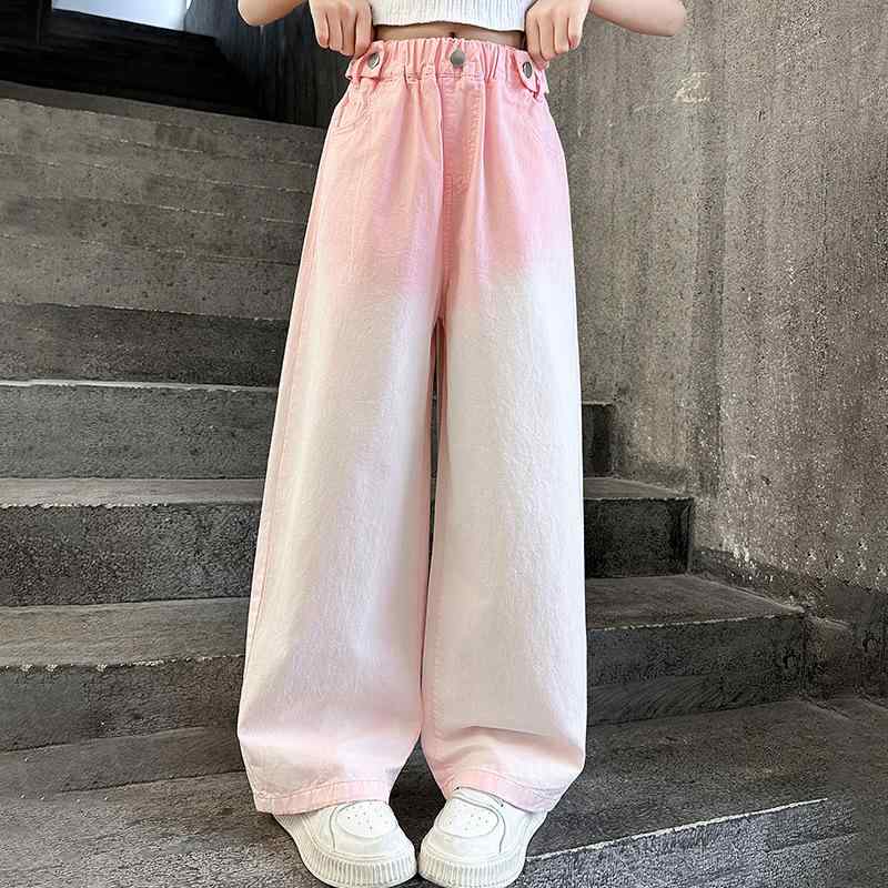 キッズ 女の子 ジュニア パンツ 夏 薄手 涼しい テンセル デニム ジーンズ 綿混 アセテート繊維 柔らか素材 カジュアル 普段使い 韓国 おしゃれ トレンド ストレート ワイド ハイウエスト ウエストゴム グラデーション ロング丈