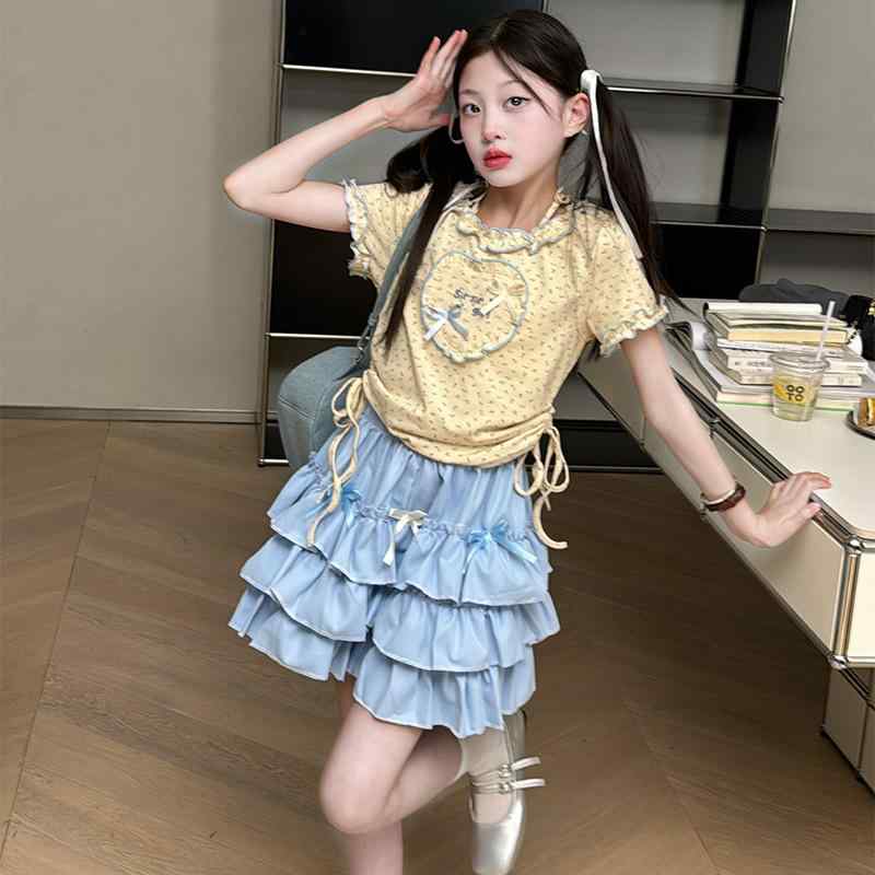 セットアップ 女の子 ジュニア 子供 半袖 Tシャツ スカパン 夏服 おしゃれ 韓国 ドット柄 キャラクター柄 綿混 コットンブレンド 再生繊維 ツーピース