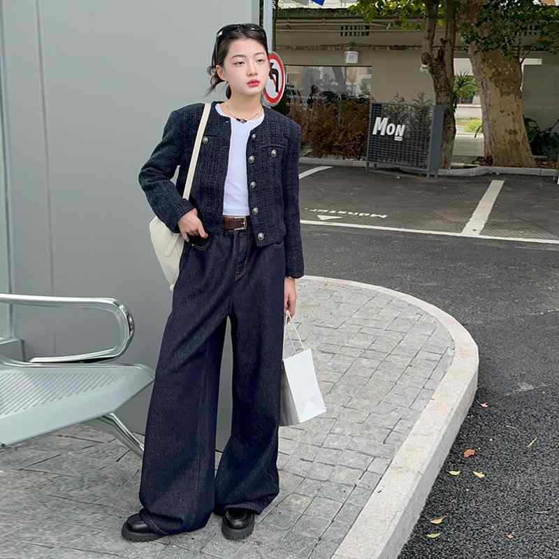 キッズ 女の子 セットアップ 秋冬 厚手 コットン トップス デニム ワイドパンツ ロングパンツ 2点セット 小学生 中学生 上品 カジュアル 綿混素材 普段使い 通学 あったか