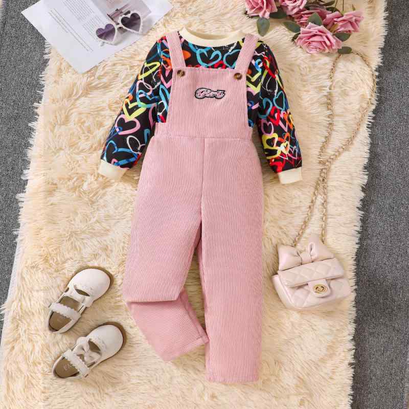 キッズ 女の子 秋冬 カラフル ハート トップス オーバーオール サロペット セットアップ 上下セット ポリエステル素材 カジュアル 普段使い ピンク 子供服