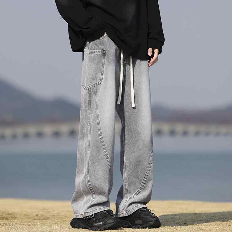 デニムパンツ メンズ ストレート ロングパンツ アメカジ ヴィンテージ風 カジュアル ゆったり ウォッシュ加工 ストレッチ コットン 綿混 春夏 男性用