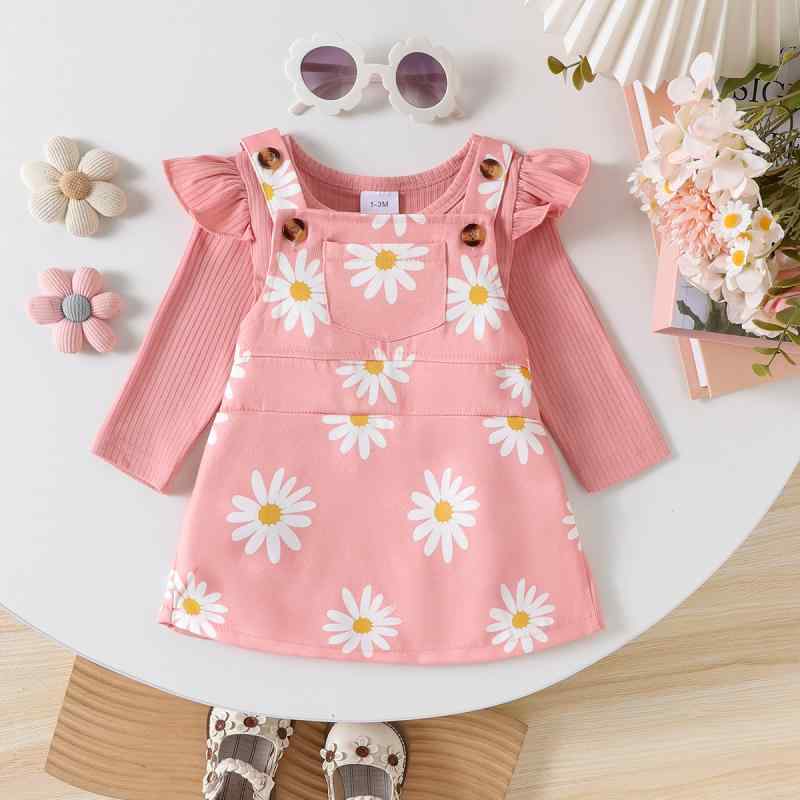 ベビー服 女の子用 長袖ロンパース サロペットスカート セットアップ 2点セット 乳幼児 かわいい 花柄プリント 綿 ピンク 春秋 カジュアル 普段使い お出かけ