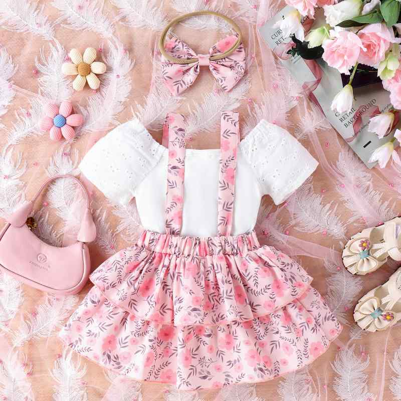ベビー服 お嬢さん ロンパース サロペットスカート 髪の毛付属物 3点書き割り 半袖 花柄 愛くるしい 姫御前 韓国 春夏 新生児 生み出すこと祝賀会 差し上げ物 普段使い走り ポリエステル原料品 パステル色の手当たり 白いこと