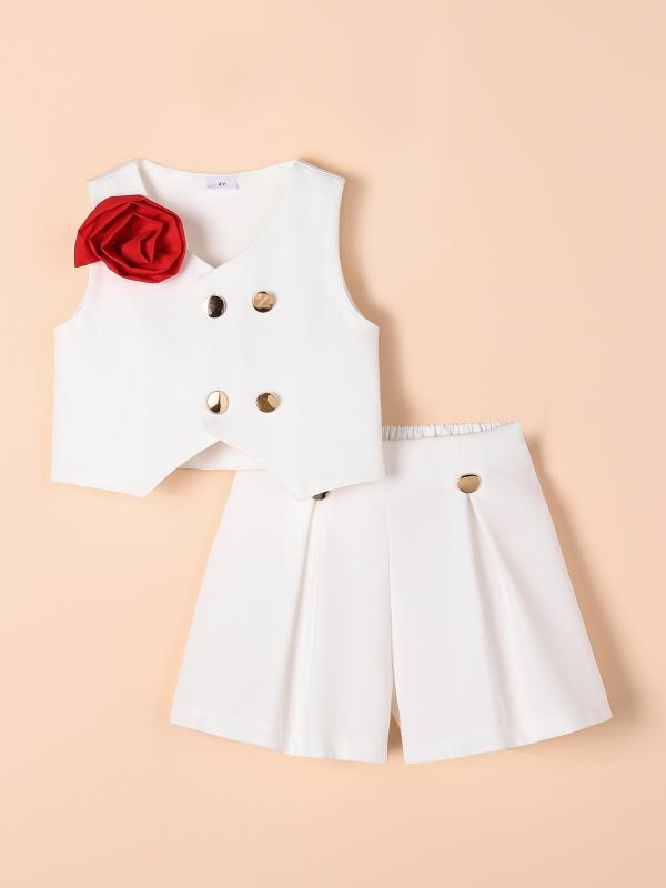 キッズ 女の子 欧米風 ノースリーブ タンクトップ 花柄アップリケ プリーツスカート 2点セット 綿 コットン 夏物 セットアップ カジュアル 普段着 お出かけ着