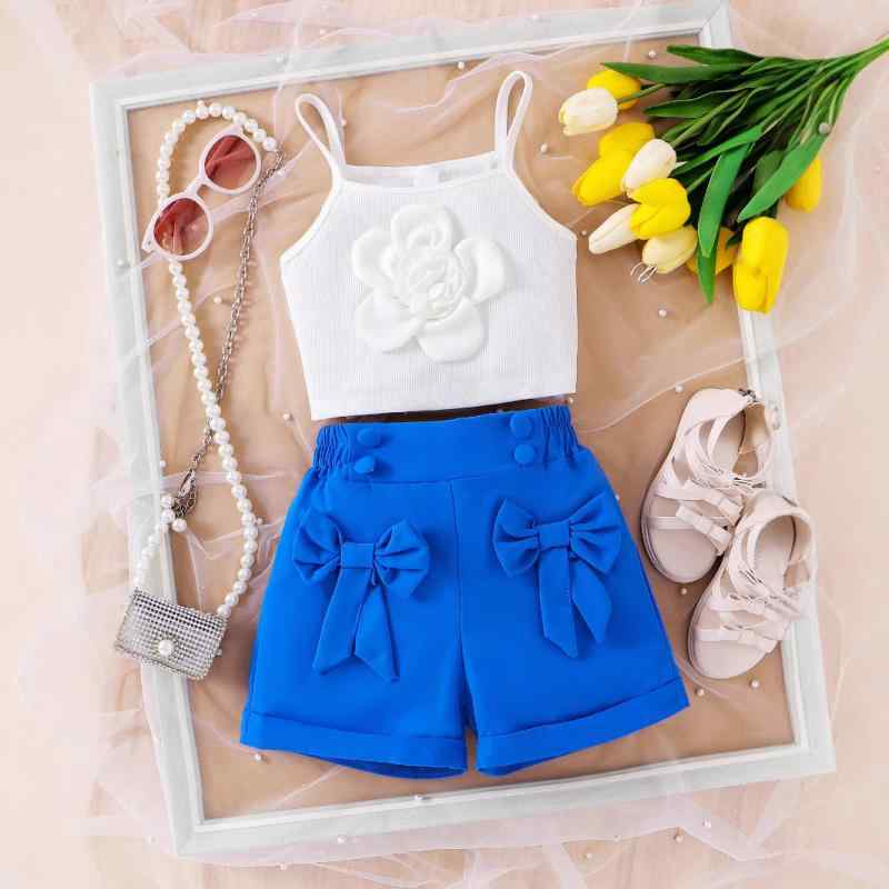 キッズ 女の子 ノースリーブ キャミソール トップス ショートパンツ ボトムス ウエストゴム リボン 立体花柄 無地 綿混 柔らかな肌触り ブルー セットアップ 春夏
