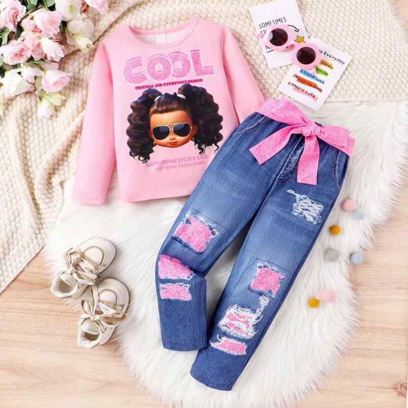 キッズ ガールズ セットアップ 秋冬 綿 コットン ニット 長袖 Tシャツ トップス フェイクデニム ロングパンツ 長ズボン アルファベット プリント ソフト ピンク カジュアル 通園 通学