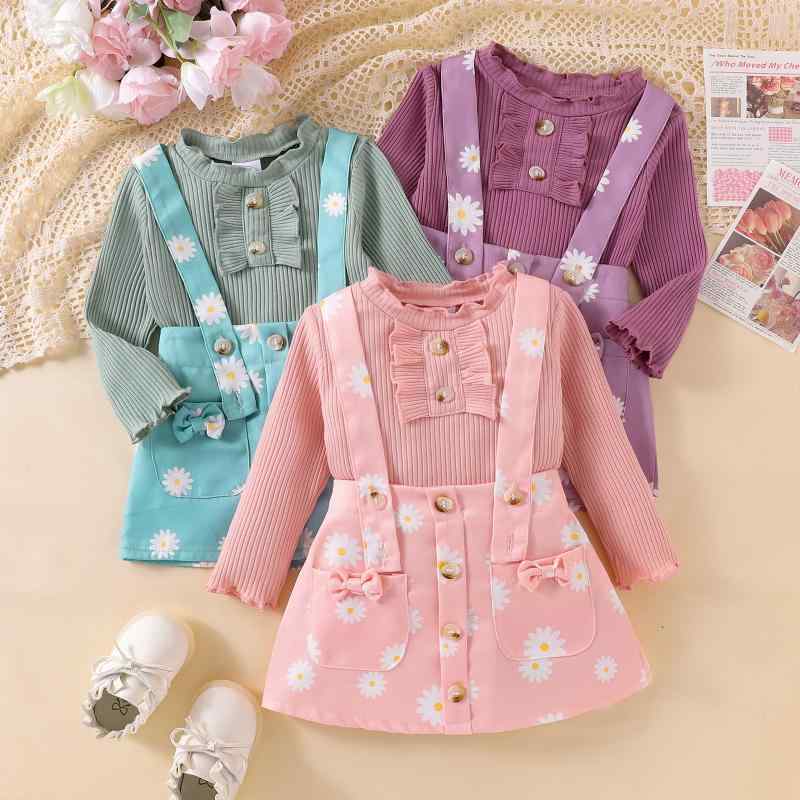 キッズ 女の子 セットアップ 秋冬 綿 リブ編み プルオーバー レース フリル トップス デイジー柄 プリント サロペットスカート 2点セット