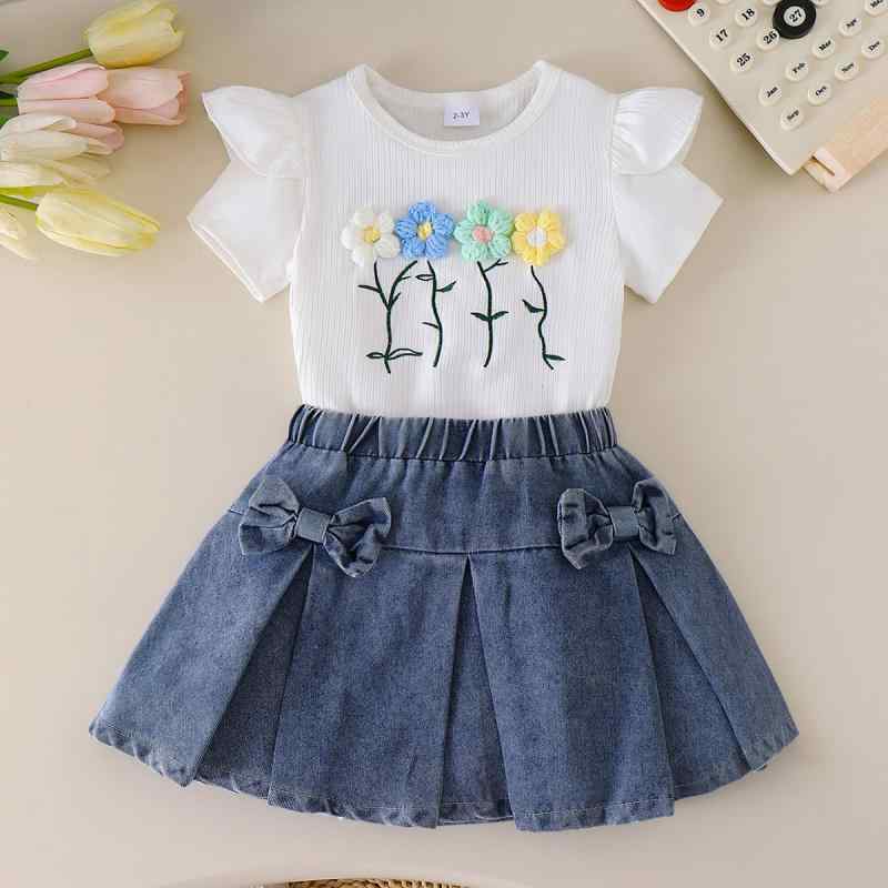 キッズ 女の子 子供服 春夏 セットアップ 上下セット 綿素材 薄手 花柄 フリルスリーブ Tシャツ リボン デニム ショートスカート 白