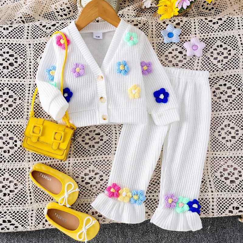 セットアップ 女の子 キッズ ベビー 子供服 春秋 ニット 立体花 長袖 カーディガン フレアパンツ 2点セット ポリエステル 前開き やわらか 普段使い お出かけ