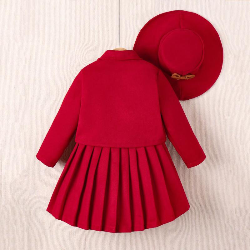 キッズ 女の子 韓国 子供服 秋冬 長袖 トップス プリーツスカート 帽子付き セットアップ 綿素材 無地 襟付き カジュアル お出かけ 普段使い