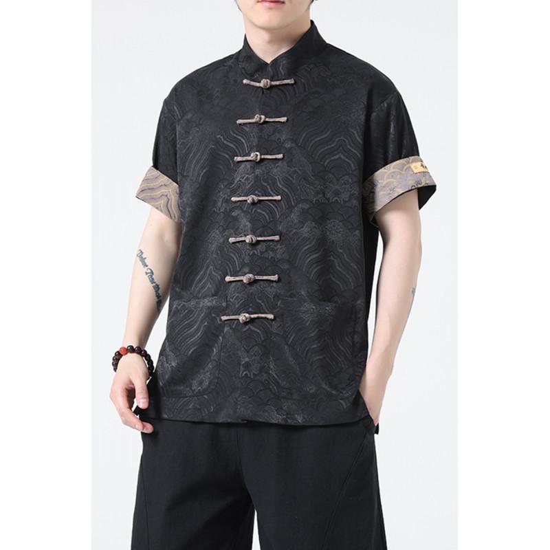 シャツ メンズ 男性用 春夏 波柄 半袖 スタンドカラー ゆったり ルーズフィット 前開き レトロ カジュアル 薄手 大きいサイズ