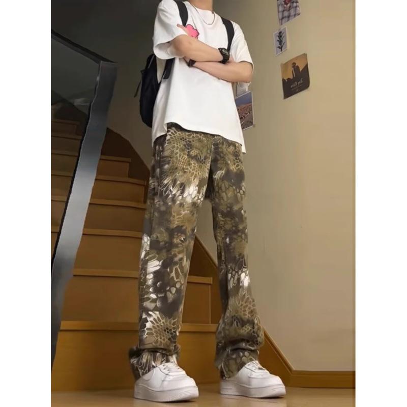 デニムパンツ メンズ アメカジ 迷彩 パイソン柄 スリム ストレート 微フレア 脚長効果 ウォッシュ加工 ダメージ加工 コットン ストレッチ 普段使い ジップフライ