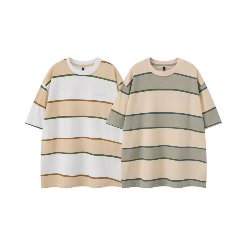 Tシャツ メンズ 大きいサイズ ゆったり アメカジ ストライプ柄 半袖 ラウンドネック 綿混 トップス 春夏秋 カジュアル 通気性 抗菌 防しわ