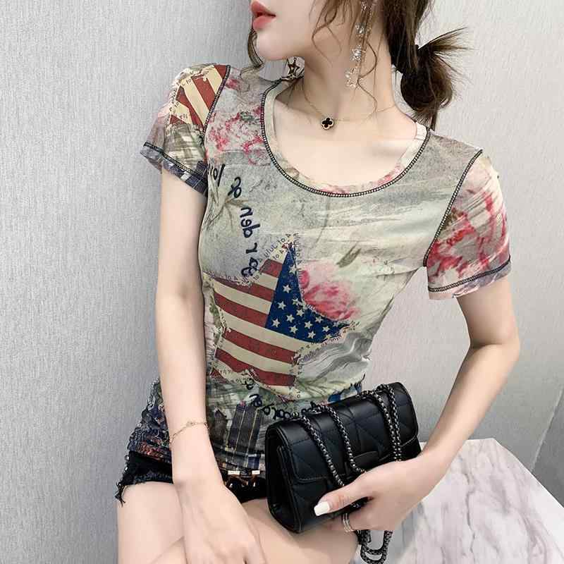 Tシャツ レディース ヨーロッパ風 春夏 おしゃれ メッシュ ロゴプリント 切り替え 半袖 クルーネック プルオーバー スリムフィット 細見え 着回し トップス