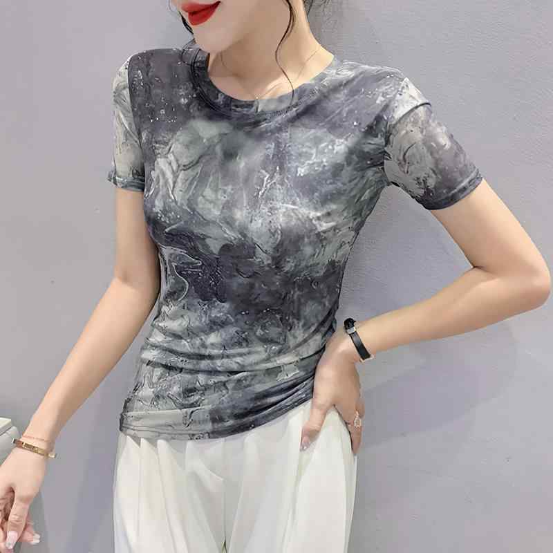 Tシャツ レディース グラデーション 幾何学模様 メッシュ シアー 半袖 トップス ラウンドネック 丸首 スリムフィット カジュアル デザイン 春夏