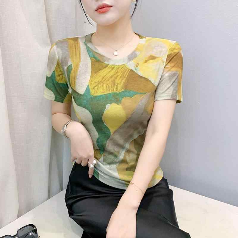 Tシャツ レディース ラウンドネック 半袖 プリント 切り替え 配色 シアー 透け感 スリムフィット おしゃれ ファッション 着回し 通勤 カジュアル 普段使い 春夏 レッド イエロー ブラウン 女性用