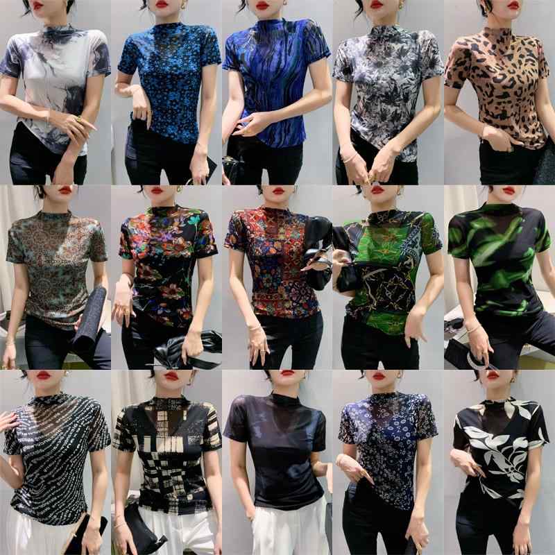 Tシャツ レディース 秋冬 ハイネック 半袖 メッシュ 花柄 プリント スリムフィット インナー トップス 切り替え 透け感 普段使い おしゃれ フェミニン