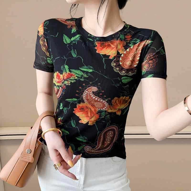 Tシャツ レディース ヨーロッパ風 ファッション 半袖 ラウンドネック メッシュ 立体プリント 花柄 スリムフィット 細見え プルオーバー トップス 春夏 きれいめ フェミニン