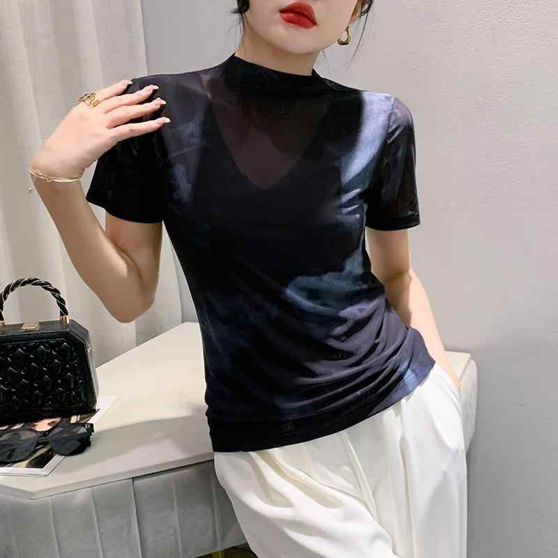 Tシャツ レディース 春夏 おしゃれ ハーフネック メッシュ シフォン タイダイ柄 半袖 ゆったり 体型カバー デイリーユース
