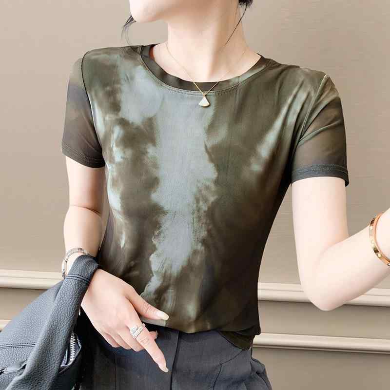 Tシャツ レディース 春夏 クルーネック 半袖 メッシュ シアー スリムフィット 着痩せ スタイルアップ タイダイ柄 花柄 幾何学模様 切り替え おしゃれ カジュアル フェミニン スイート