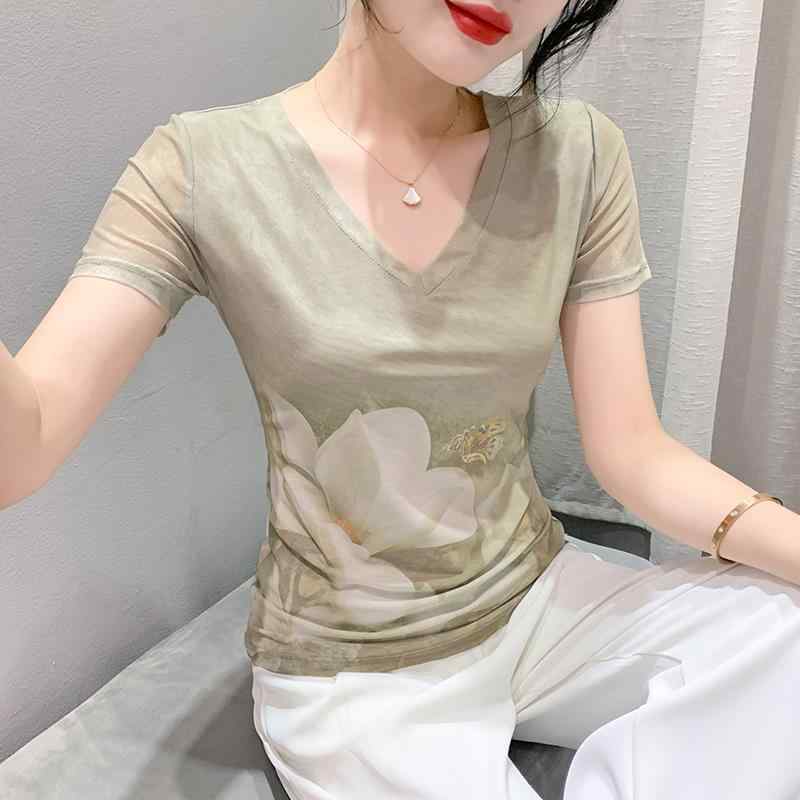 Tシャツ レディース 春夏 ファッション メッシュ 花柄プリント 半袖 Vネック スリム 細見え 着痩せ効果 プルオーバー 切り替え トップス