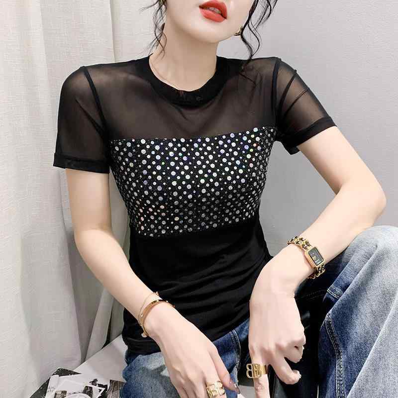Tシャツ レディース 春夏 ラウンドネック メッシュ シアー スパンコール グリッター 切り替え 半袖 スリムフィット インナー トップス ヨーロッパ風 トレンド おしゃれ ファッション