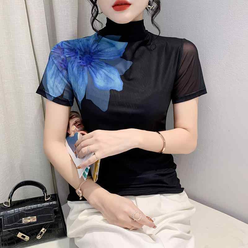 Tシャツ レディース 秋冬 ハイネック 半袖 花柄 プリント チュール切り替え デザイン トップス ブラック グリーン ネイビー