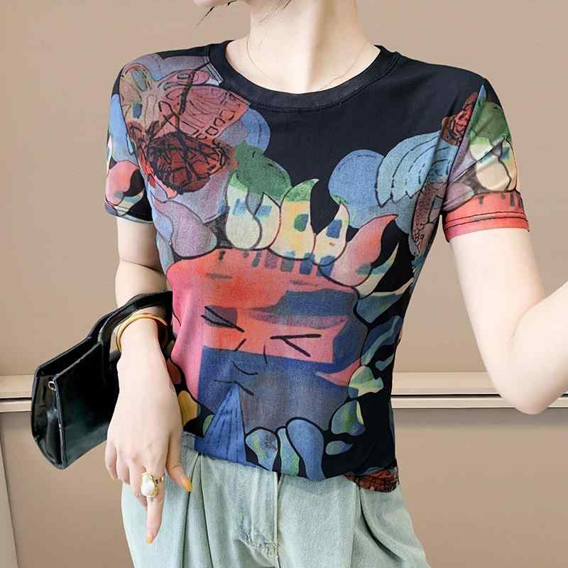 Tシャツ レディース 春夏 欧風 半袖 ラウンドネック スリムフィット 細見え メッシュ素材 花柄プリント 幾何学模様 大人かわいい トップス