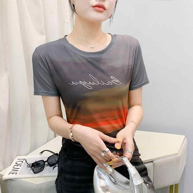 Tシャツ レディース ラウンドネック 半袖 メッシュ シアー 英字プリント 切り替え 通気性 スリム カジュアル フェミニン 春夏