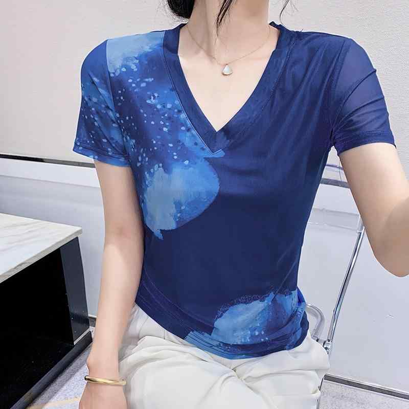 Tシャツ レディース Vネック 半袖 メッシュ 透け感 プリント 幾何学柄 タイダイ柄 スリムフィット エレガント フェミニン きれいめ プルオーバー ニット 春夏