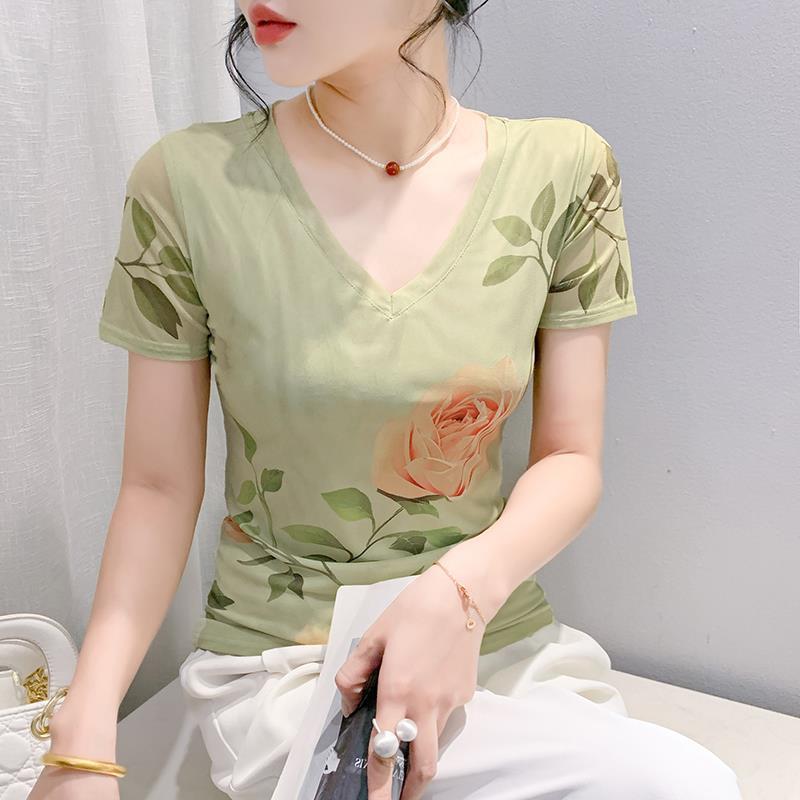 Tシャツ レディース トップス メッシュ素材 ボタニカル柄 プリント 半袖 Vネック 切り替え スリムフィット 着痩せ スタイルアップ おしゃれ ファッション 春夏