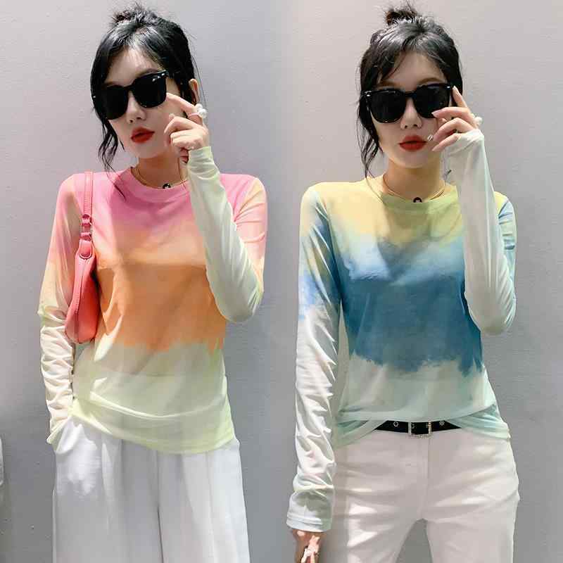 Tシャツ レディース プルオーバー スリムフィット 長袖 UVカット メッシュ シアー 幾何学模様 タイダイ プリント ラウンドネック 丸首 トップス 夏 紫外線対策