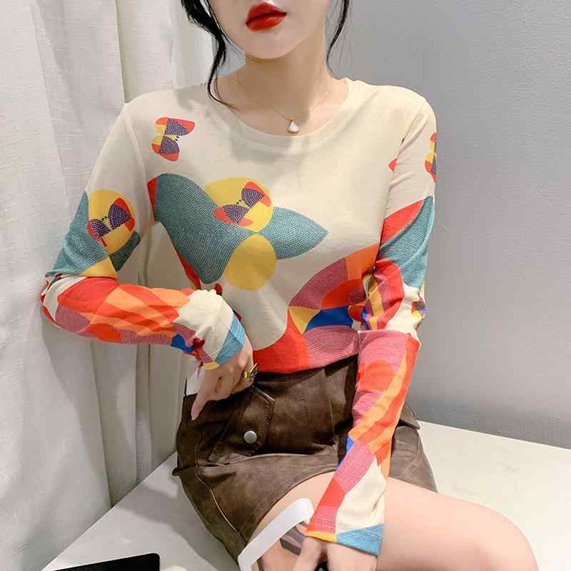 Tシャツ レディース 長袖 クルーネック スリムフィット 秋冬 スラブ生地 プリント 幾何学模様 動物柄 カジュアル デイリー インナー ファッションアイテム