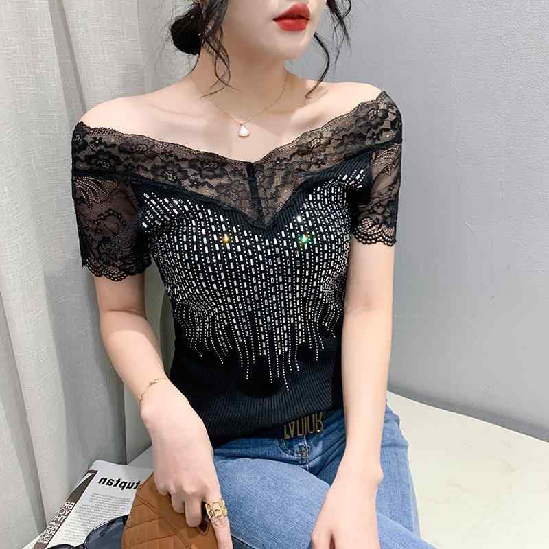 Tシャツ レディース 春夏 半袖 Vネック スリム レース 透かし ラインストーン プリント 切り替え ラグランスリーブ ラメ セクシー カジュアル ホワイト ブラック