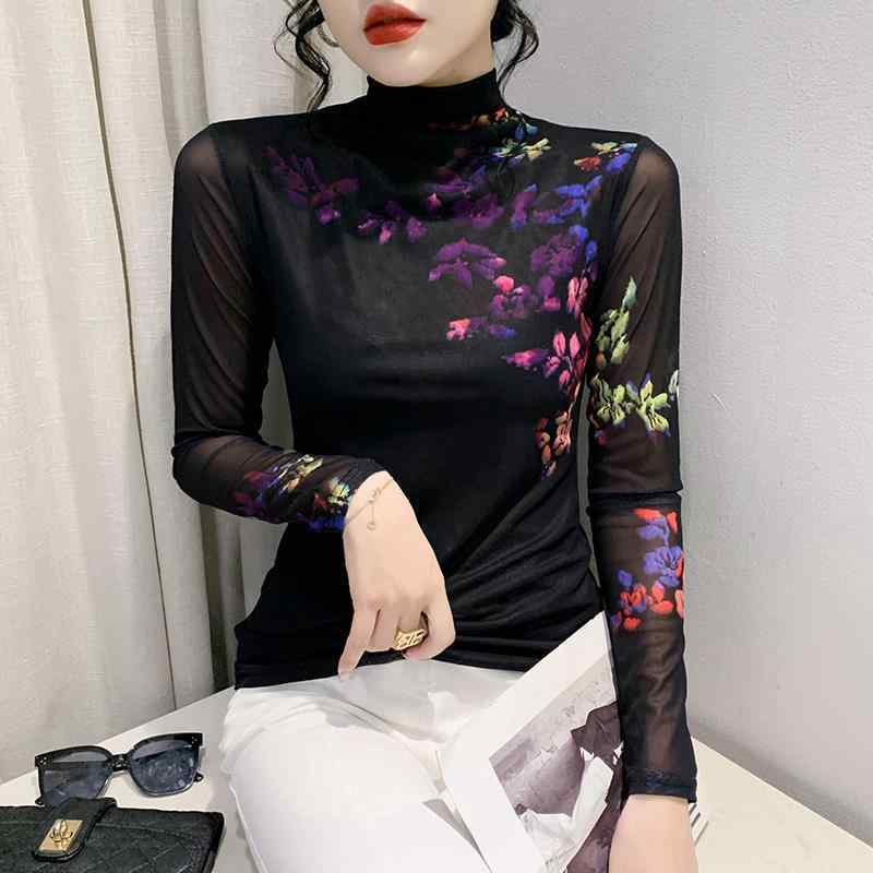 Tシャツ レディース 女性用 秋冬 長袖 ハイネック メッシュ シースルー 花柄 プリント トップス プルオーバー レギュラーフィット カジュアル 切り替え