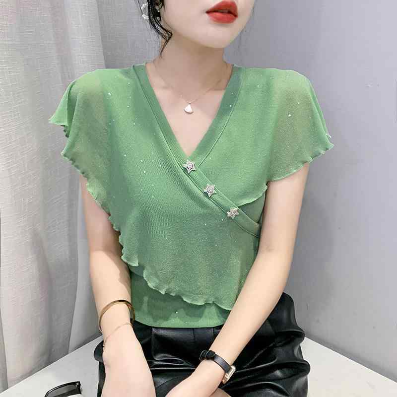 Tシャツ レディース フリル Vネック ラインストーン ノースリーブ プルオーバー 切り替え メッシュ ストレッチ スリムフィット 春夏 無地 着回し 上品 立体デザイン