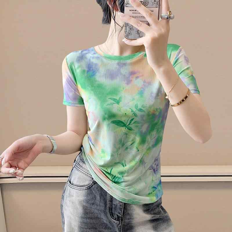 Tシャツ レディース 春夏 メッシュ 花柄 幾何学柄 半袖 ラウンドネック プルオーバー スリムフィット 着痩せ おしゃれ フェミニン