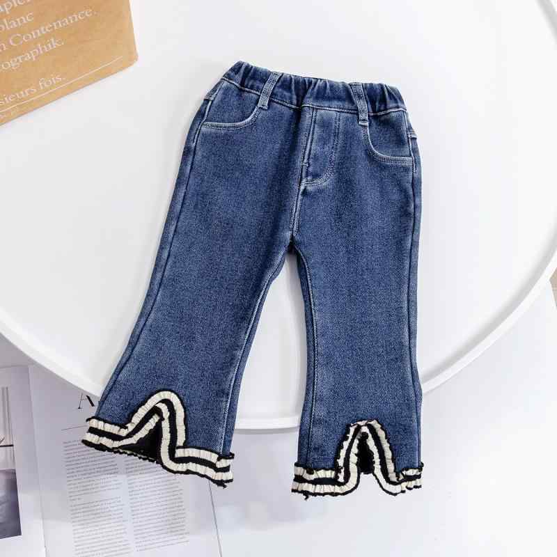 デニムパンツ 女の子 ガールズ キッズ 裏起毛 コットン ソフト加工 プリンセス風 おしゃれ かわいい スリット 長ズボン ミドルウエスト ゴムウエスト ブルー 秋冬