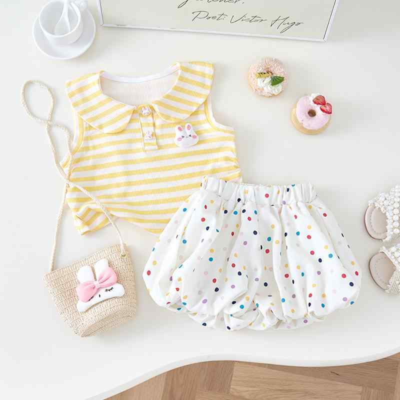 キッズ 女の子 ベビー セットアップ 夏 タンクトップ ショートパンツ 2点セット 綿 薄手 ストライプ キャラクター柄 柔らかな肌触り 韓国子供服風 80cm 90cm 100cm