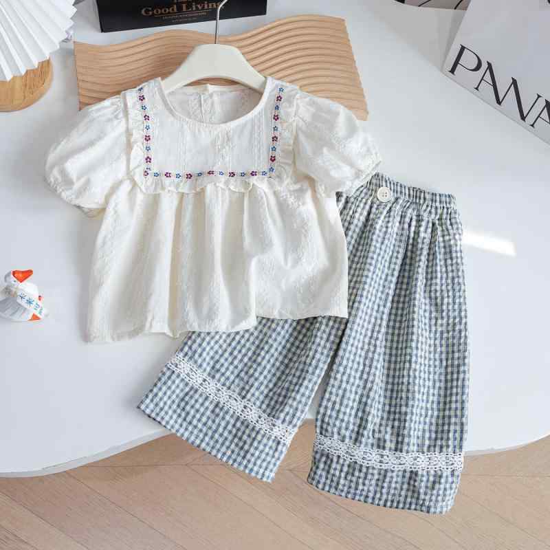 セットアップ 女の子 キッズ 子供服 上下セット 春夏 韓国 ナチュラルスタイル 綿 薄手 刺繍 ブラウス ドールブラウス チェック柄 ストレート ワイドパンツ 普段使い お出かけ