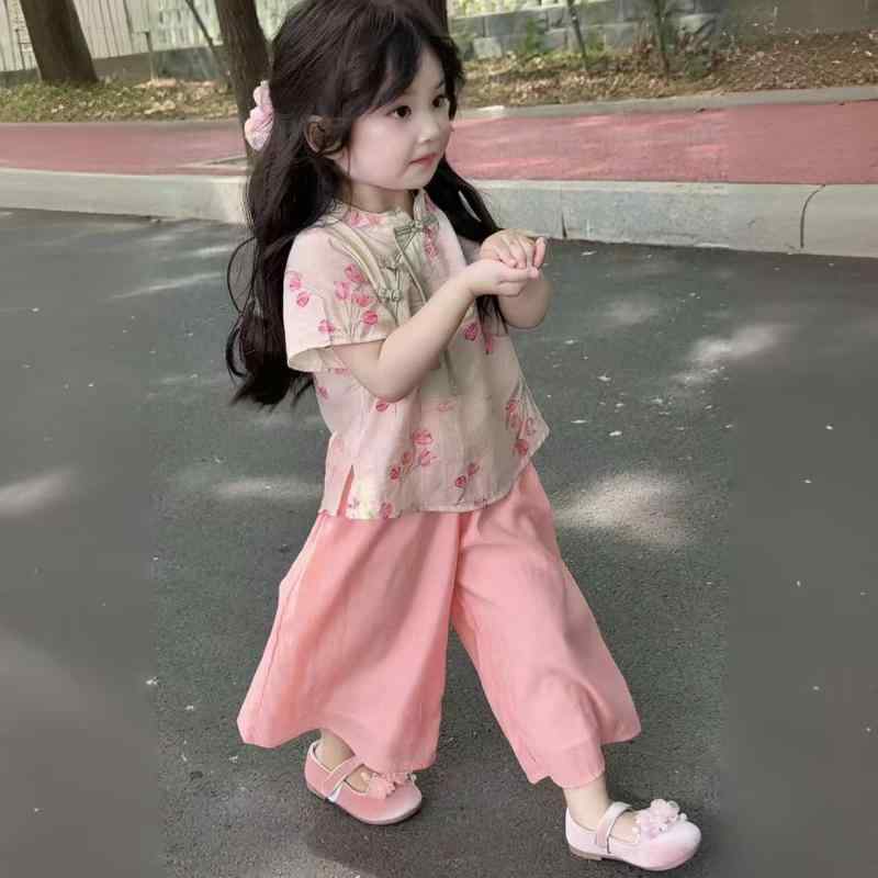 キッズ 女の子 セットアップ 2点セット 花柄トップス シフォン ワイドパンツ アンクル丈 コットン 新チャイナ風 レトロモダン 夏 普段使い お洒落 カジュアル かわいい
