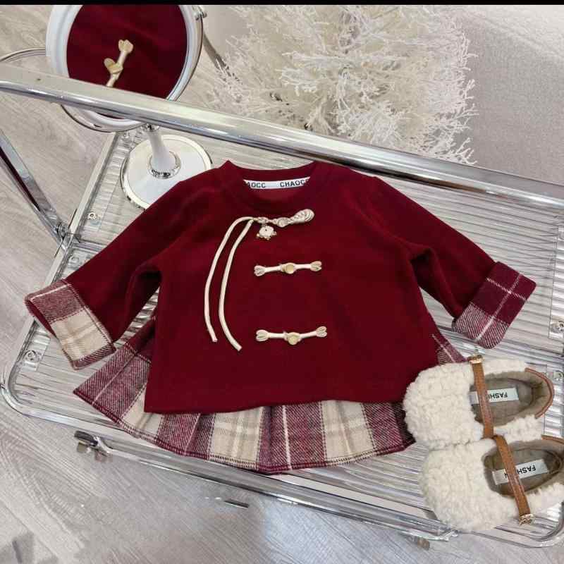 子供服 女の子 チャイナ風 おしゃれ スカート セットアップ レッド 赤 裏起毛 厚手 コットン 秋冬 お正月 お祝い セレモニー 普段使い