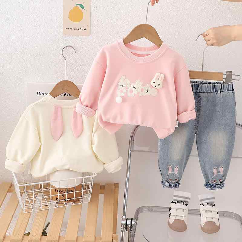 ベビー 女の子 パンツ セットアップ 春秋 長袖 ロング丈 綿 コットン キャラクター うさぎ かわいい スウィート 2点セット 普段着 カジュアル お出かけ ルームウェア