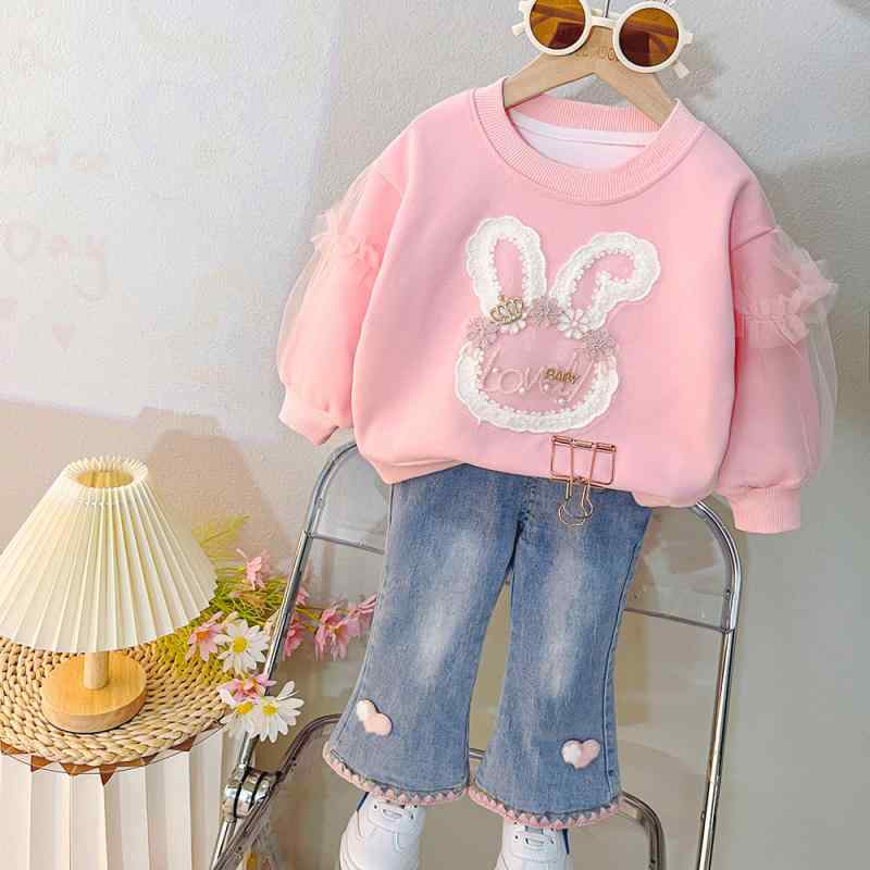 キッズ 女の子 セットアップ 長袖 ロングパンツ 2点セット 韓国 かわいい キャラクター 綿 春秋 プリンセス 冠うさぎ ピンク ベージュ 1歳 2歳 3歳