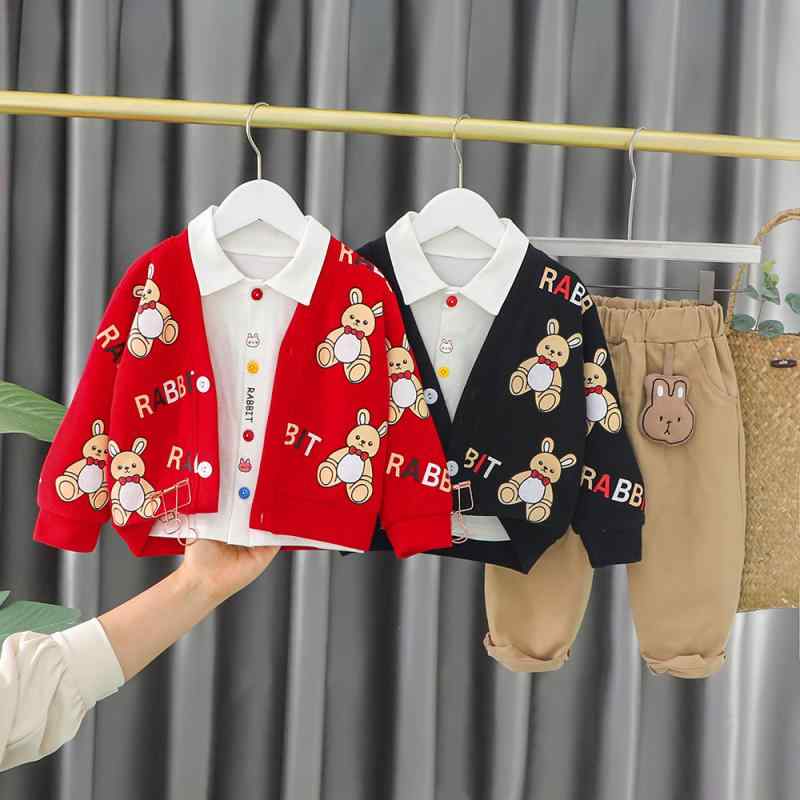 キッズ 男の子 おしゃれ 3点セット セットアップ 綿 コットン 春秋 長袖 長ズボン うさぎ柄 韓国 カジュアル 3歳 4歳