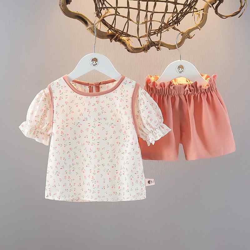キッズ 女の子 ベビー 半袖トップス ショートパンツ 2点セット カジュアル 薄手 綿 花柄 セットアップ 春夏 ピンク 普段使い